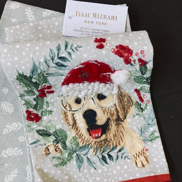 Isaac Mizrahi Yellow Lab Golden Retriever Christmas Holiday Dish Towels - Picture 1 of 2